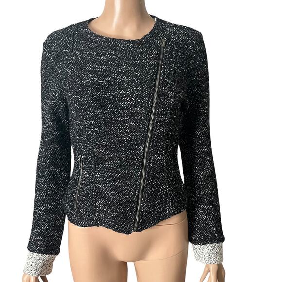BNCI by Blanc Noir Sweater JKT Womens Small Black White Tweed Moto Asymmetrical - Picture 7 of 8